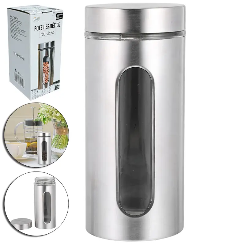 POTE DE VIDRO / INOX REDONDO PARA MANTIMENTOS COM VISOR + TAMPA DE ROSCA 1,3L