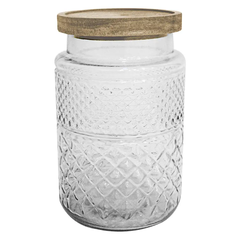 POTE DE VIDRO REDONDO COM TAMPA HERMETICA DE MADEIRA 1850ML