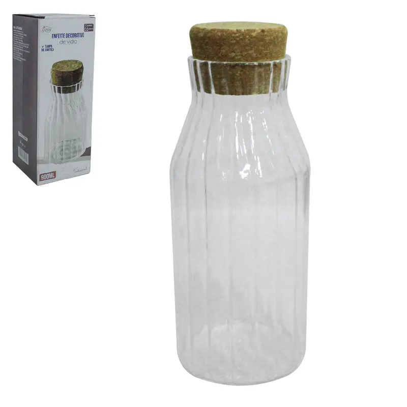 POTE DE VIDRO BOROSSILICATO REDONDO CANELADO COM TAMPA CORTICA 900ML