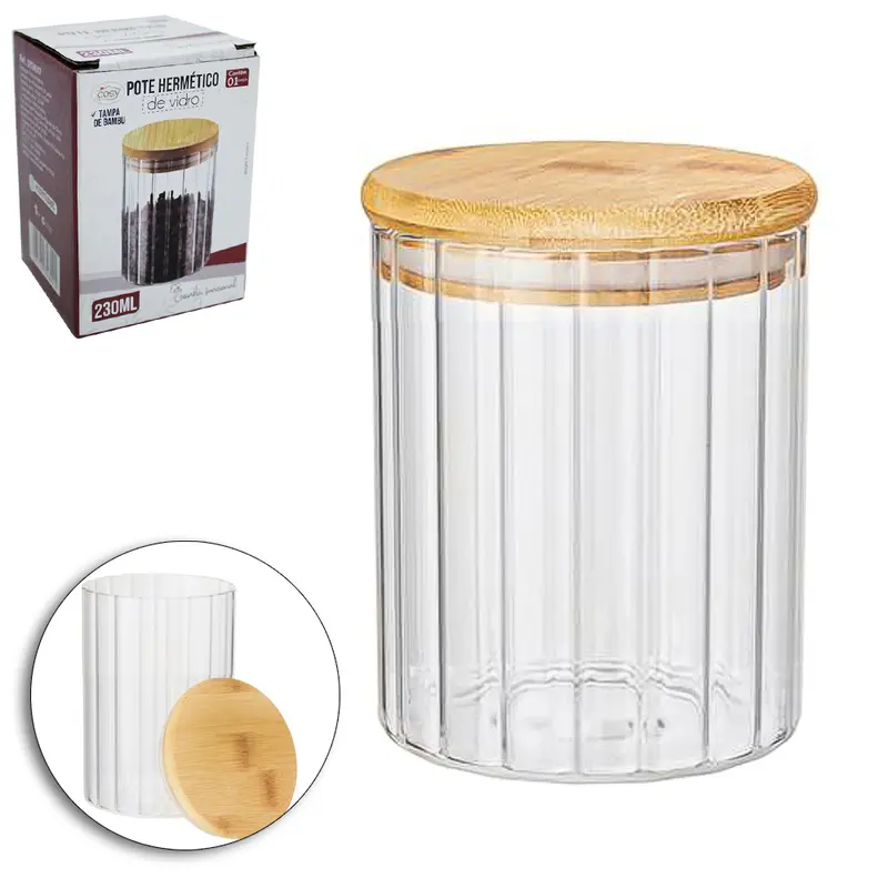 POTE DE VIDRO BOROSSILICATO REDONDO CANELADO COM TAMPA HERMETICA DE MADEIRA / BAMBU 230ML