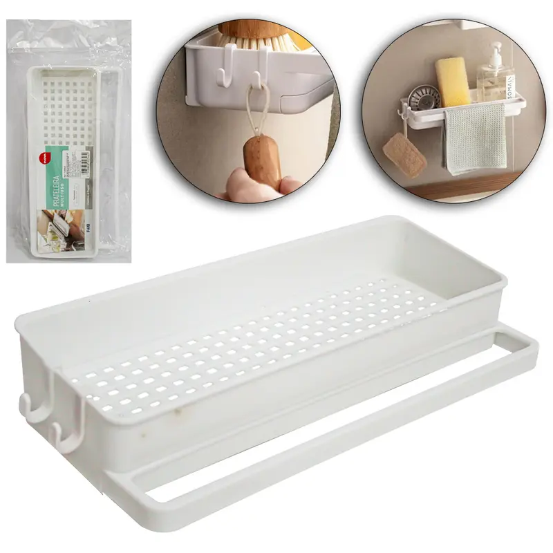 PRATELEIRA RETANGULAR PLASTICO COM SUPORTE PORTA TOALHA + 2 GANCHOS AUTOADESIVO INOVA 26X12X5,3CM
