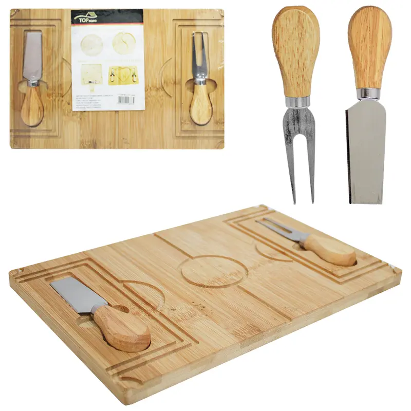 CONJUNTO PARA QUEIJO E FRIOS COM FACA + GARFO DE INOX E TABUA RETANGULAR DE BAMBU TOP CASA 30X20X1,5CM