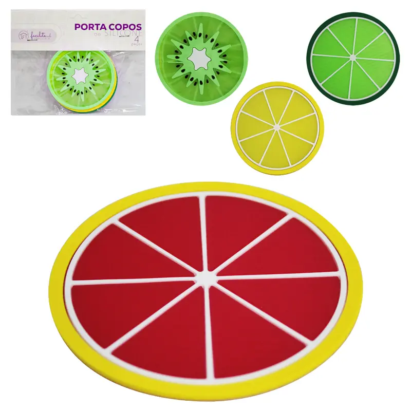PORTA COPO DE SILICONE REDONDO FRUTAS FACILITE.UD COM 4 PECAS 8,5CM DE Ø