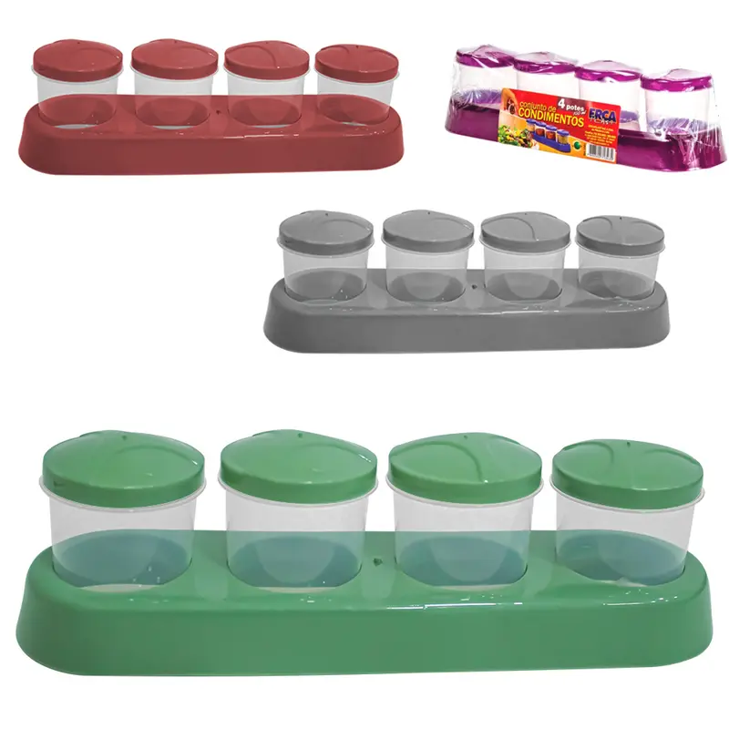 PORTA CONDIMENTO DE PLASTICO COM 4 PECAS + SUPORTE COLORS