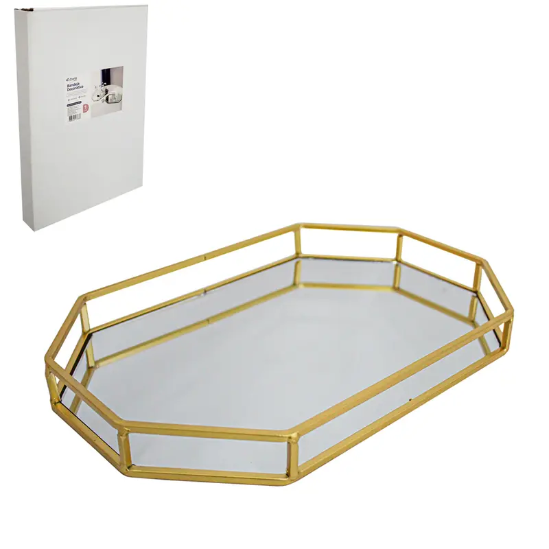 BANDEJA ARAMADO COM ESPELHO OITAVADO DECORATIVA METALIZADO DOURADO DECOR 33,7X22,5X3,3CM