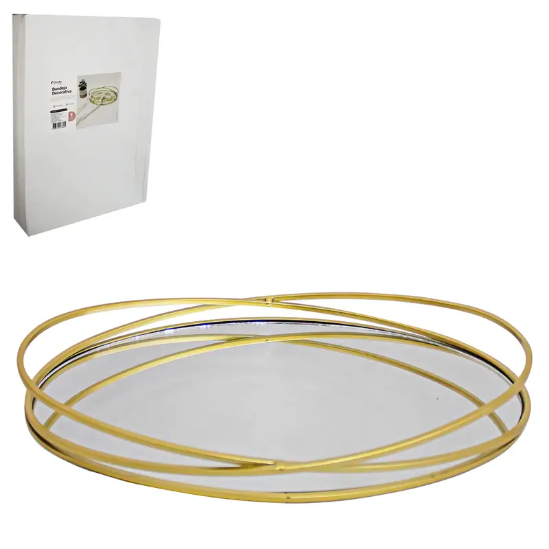 BANDEJA ARAMADO COM ESPELHO OVAL DECORATIVA METALIZADO DOURADO DECOR 38X26,5X4,7CM