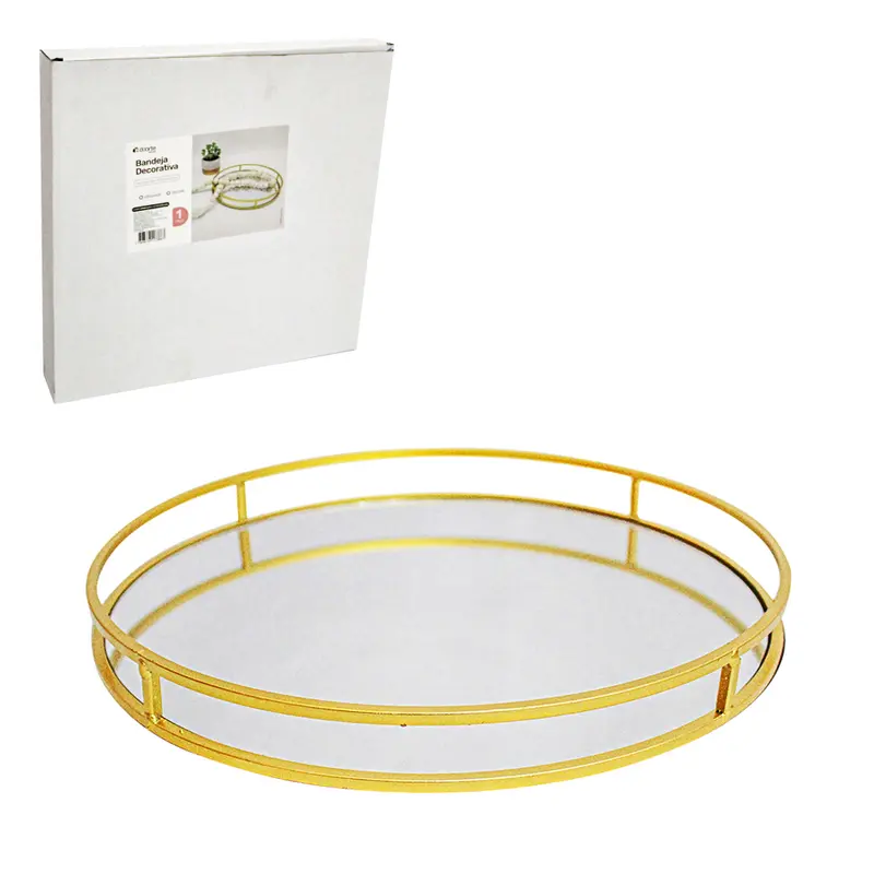 BANDEJA ARAMADO COM ESPELHO REDONDO DECORATIVA METALIZADO DOURADO DECOR 3,2X25CM DE Ø