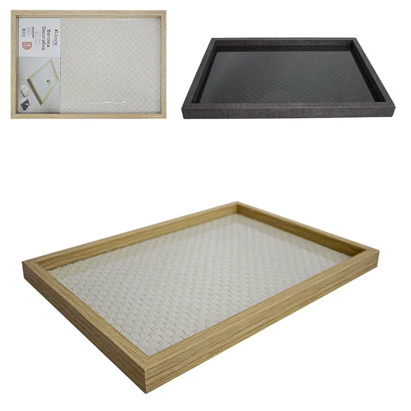 BANDEJA DE MADEIRA MDF COM FUNDO DE VIDRO E RATTAN RETANGULAR DECORATIVA DECOR 30X22CM
