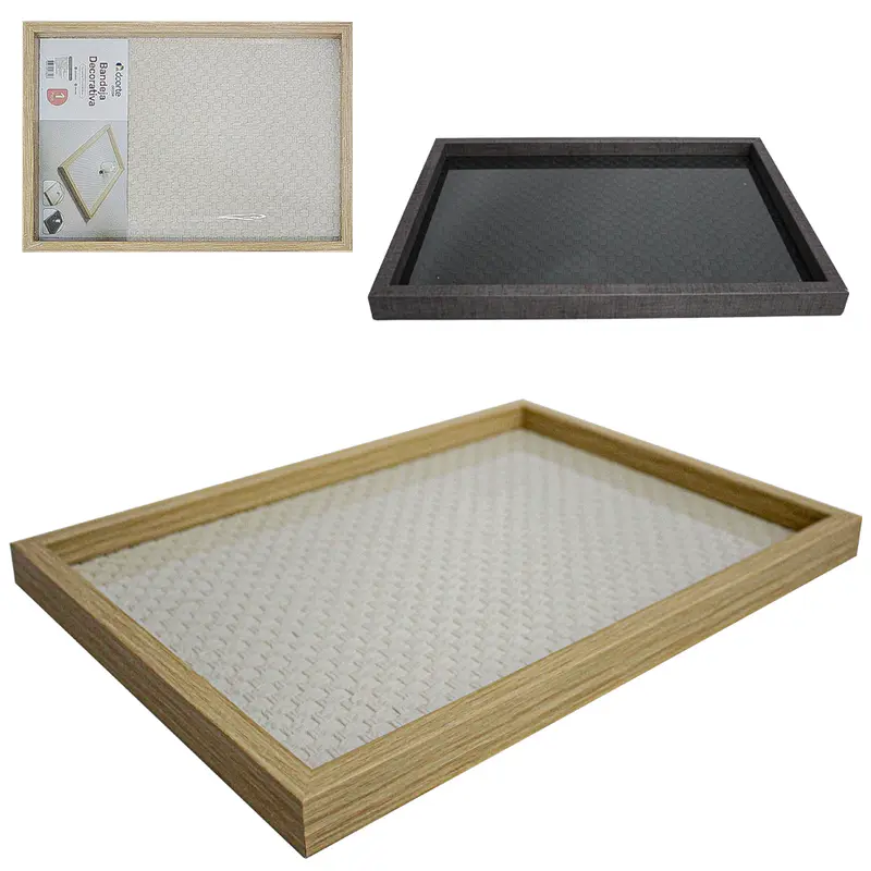BANDEJA DE MADEIRA MDF COM FUNDO DE VIDRO E RATTAN RETANGULAR DECORATIVA DECOR 36,8X27CM