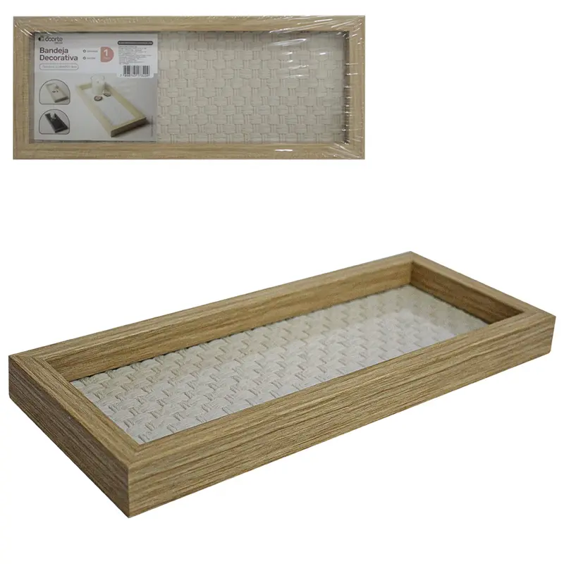 BANDEJA DE MADEIRA MDF COM FUNDO DE VIDRO E RATTAN RETANGULAR DECORATIVA DECOR 27,8X11,8CM