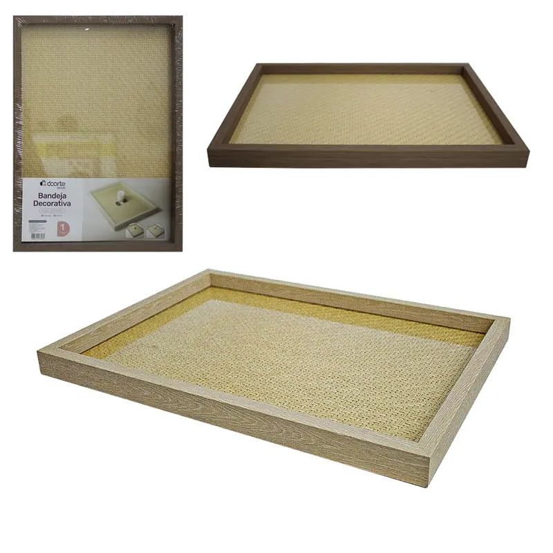 BANDEJA DE MADEIRA MDF COM FUNDO DE VIDRO E RATTAN RETANGULAR DECORATIVA DECOR 30X20CM