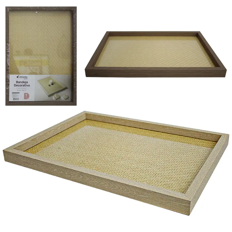 BANDEJA DE MADEIRA MDF COM FUNDO DE VIDRO E RATTAN RETANGULAR DECORATIVA DECOR 36,8X27CM