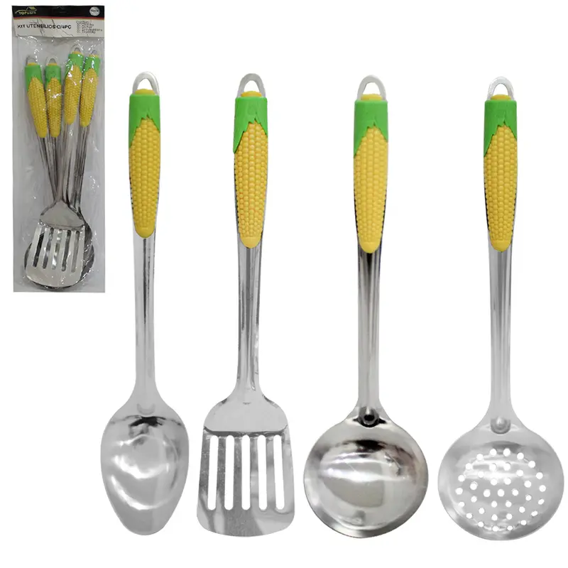 KIT UTENSILIOS COM COLHER ARROZ + CONCHA + ESCUMADEIRA E ESPATULA VAZADA DE INOX CABO PLASTICO MILHO TOP CASA