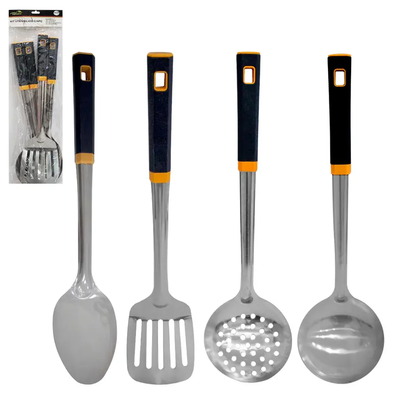 KIT UTENSILIOS COM COLHER ARROZ + CONCHA + ESCUMADEIRA E ESPATULA VAZADA DE INOX CABO PLASTICO TOP CASA