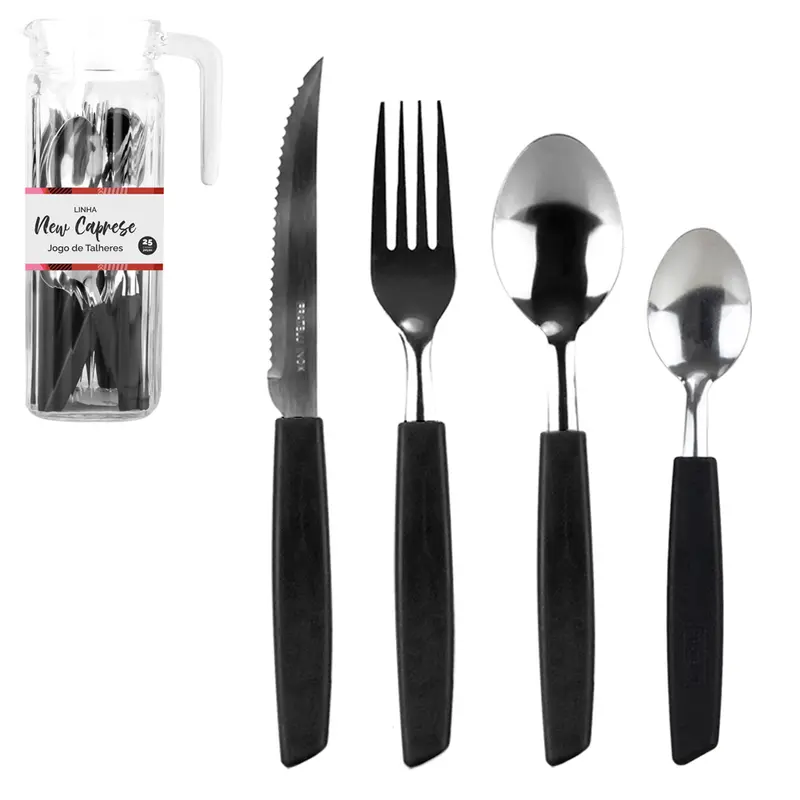 CONJUNTO DE TALHERES / FAQUEIRO DE INOX COM 24 PECAS CABO PLASTICO PRETO + JARRA DE VIDRO NEW CAPRESE