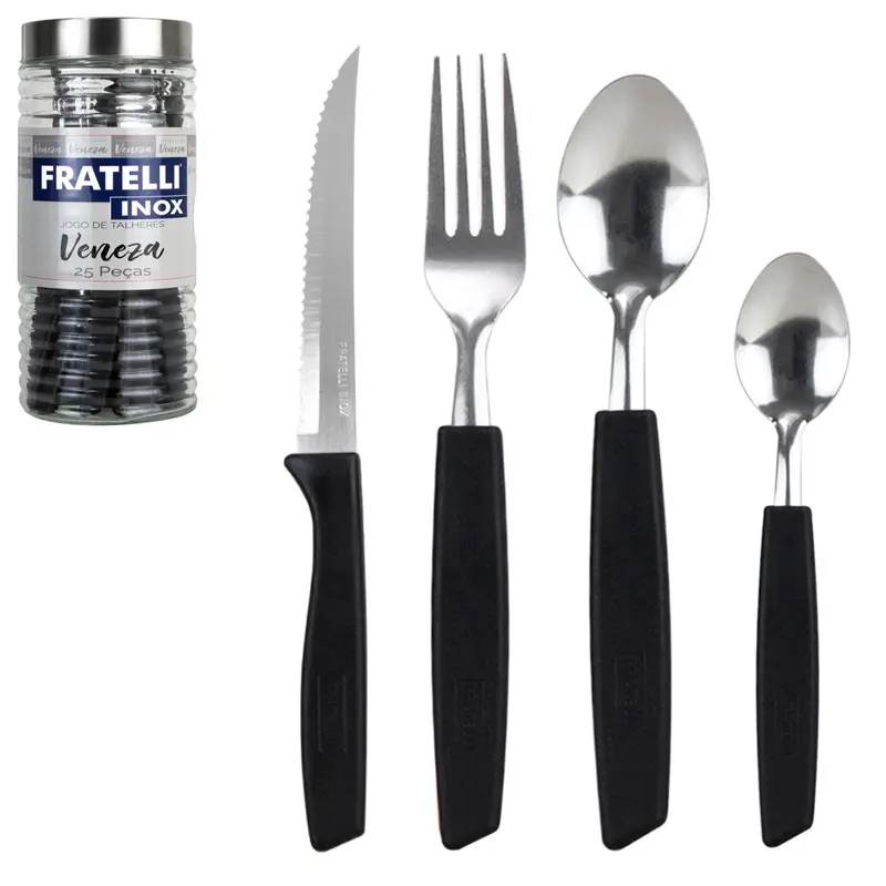 CONJUNTO DE TALHERES / FAQUEIRO DE INOX COM 24 PECAS CABO PLASTICO PRETO + POTE DE VIDRO REDONCO VENEZA