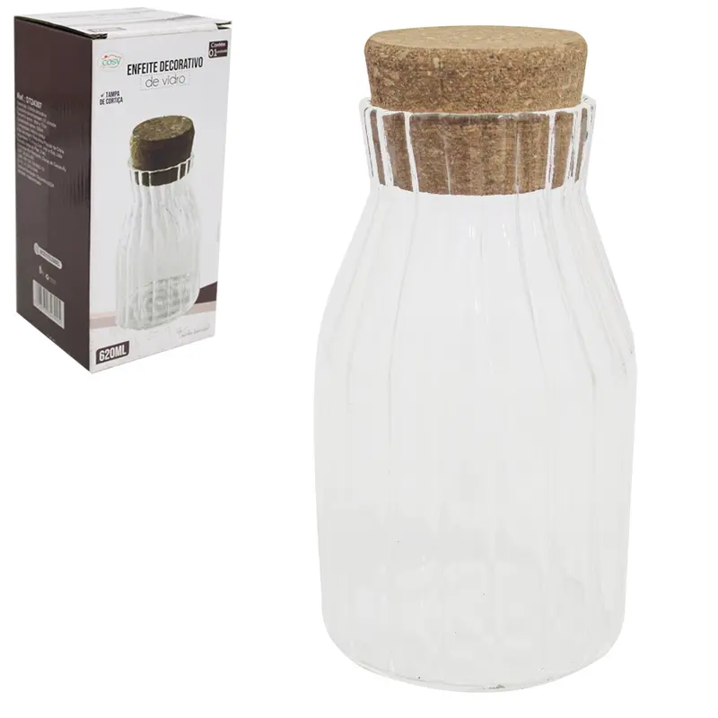 POTE DE VIDRO BOROSSILICATO REDONDO CANELADO COM TAMPA CORTICA 620ML