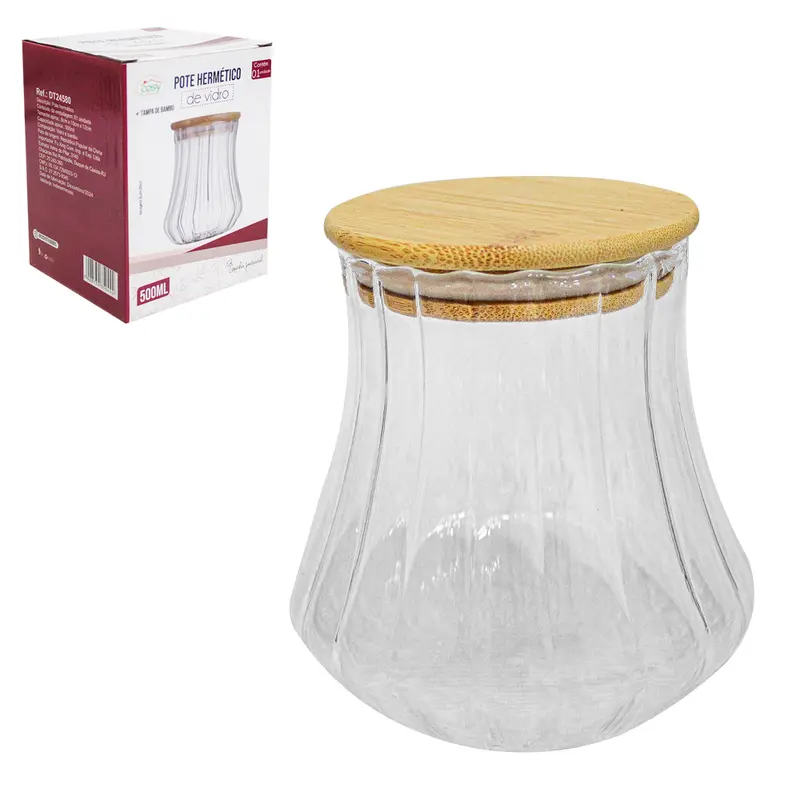 POTE DE VIDRO BOROSSILICATO REDONDO CANELADO COM TAMPA HERMETICA MADEIRA / BAMBU 500ML