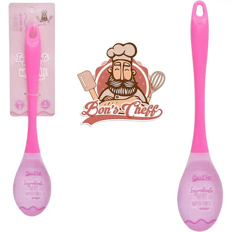 COLHER DE ARROZ DE SILICONE ROSA CABO ACRILICO BONS CHEFF 30,5X6CM NA CARTELA