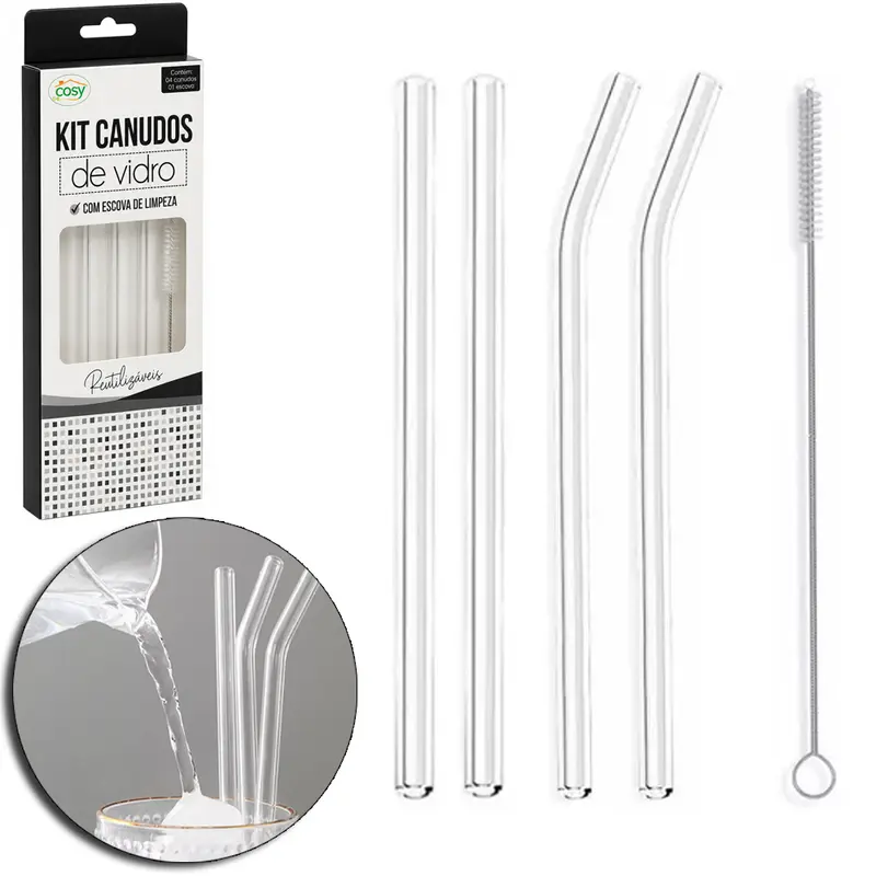 CANUDO DE VIDRO RETO / CURVADO LONGO REUTILIZAVEL 4 PECAS + ESCOVA HIGIENICA