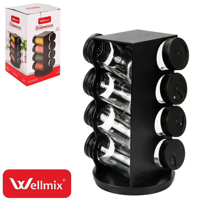 PORTA CONDIMENTO DE VIDRO / PLASTICO COM 8 PECAS 90ML + SUPORTE GIRATORIO QUADRADO MALTA PRETO