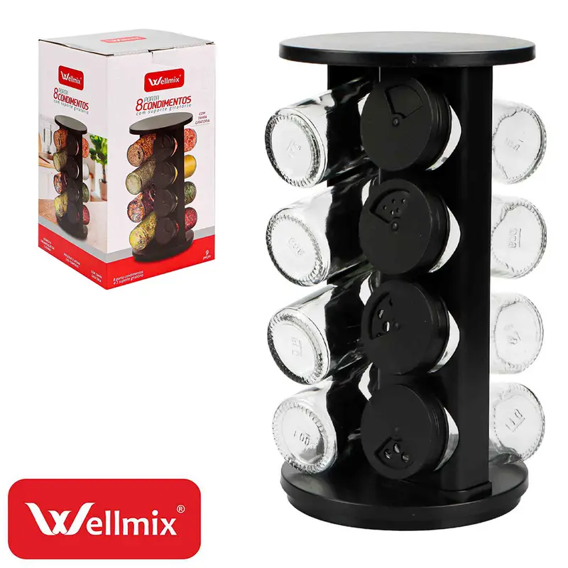 PORTA CONDIMENTO DE VIDRO / PLASTICO COM 8 PECAS 90ML + SUPORTE GIRATORIO REDONDO DAVOS PRETO
