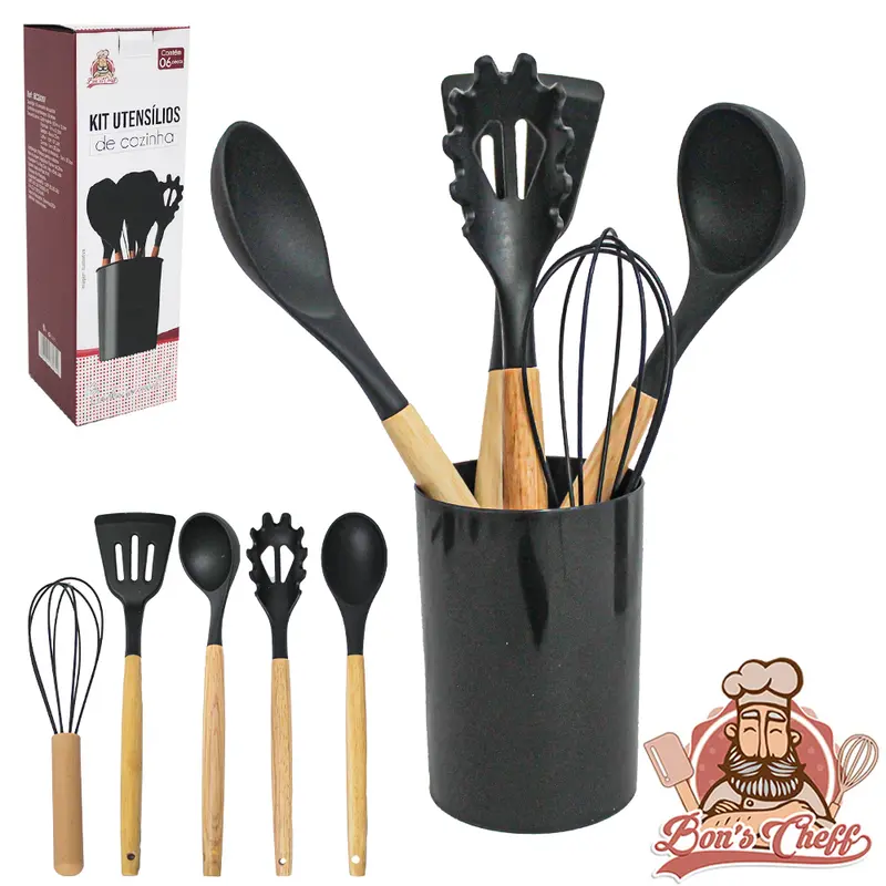 KIT UTENSILIOS ESPATULA / COLHER / PEGADOR / CONCHA / BATEDOR CLARA FOUET SILICONE + ESCORREDOR BONS CHEFF