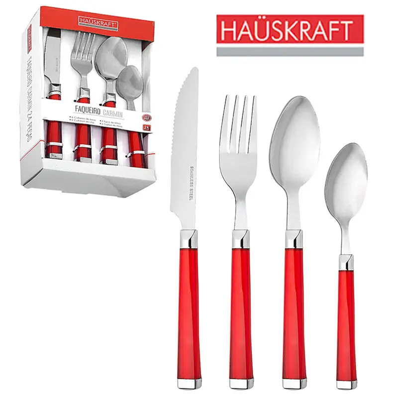 CONJUNTO DE TALHERES / FAQUEIRO DE INOX COM 24 PECAS CABO ACRILICO VERMELHO CARMIN HAUSKRAFT