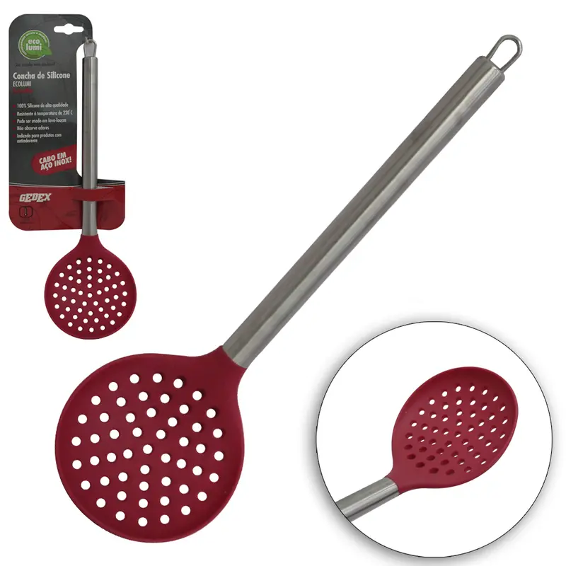 ESCUMADEIRA DE SILICONE VERMELHO CABO INOX ECOLUMI 34X10CM