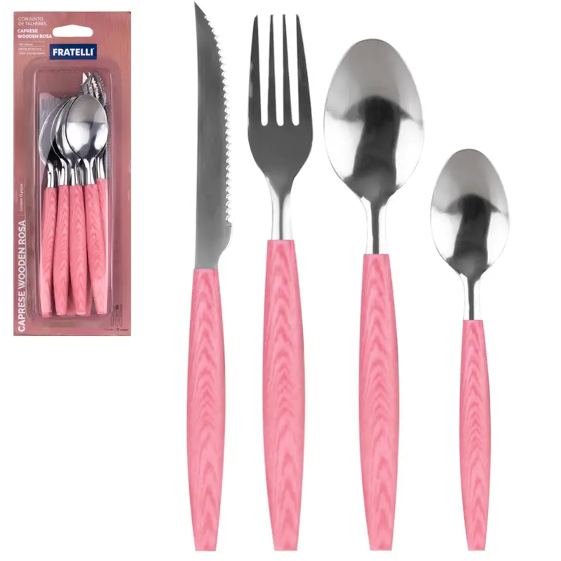 CONJUNTO DE TALHERES / FAQUEIRO DE INOX COM 12 PECAS CABO PLASTICO CAPRESE WOODEN ROSA