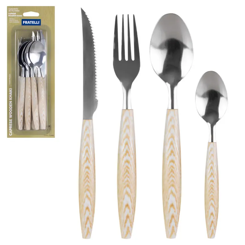 CONJUNTO DE TALHERES / FAQUEIRO DE INOX COM 12 PECAS CABO PLASTICO CAPRESE WOODEN KHAKI