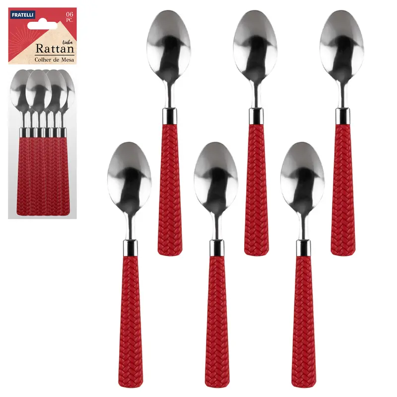 COLHER DE MESA DE INOX CABO PLASTICO RATTAN VERMELHO COM 6 PECAS 18,5CM