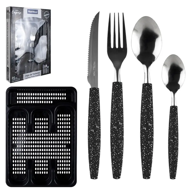CONJUNTO DE TALHERES / FAQUEIRO DE INOX COM 24 PECAS CABO PLASTICO + PORTA TALHER CAPRESE PRETO GRANITO