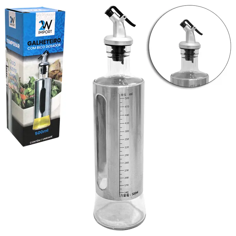 AZEITEIRO / VINAGREIRO DE VIDRO / INOX COM BICO DOSADOR DE PLASTICO 500ML