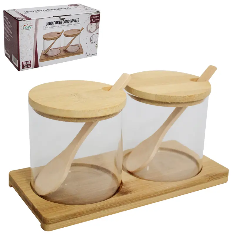JOGO PORTA CONDIMENTO DE VIDRO 2 PECAS 300ML + COLHER + TAMPA E SUPORTE BAMBU