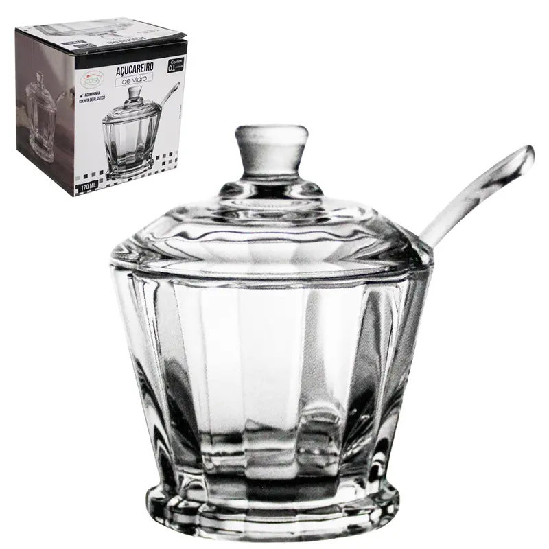 ACUCAREIRO / PORTA CONDIMENTO DE VIDRO COM TAMPA + COLHER DE ACRILICO 170ML