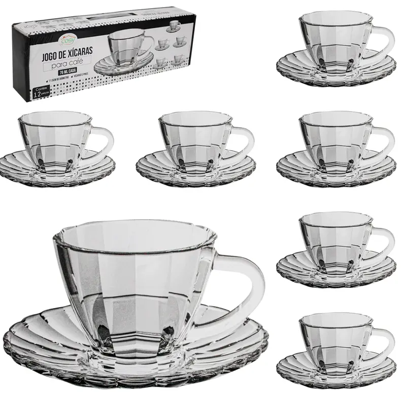 JOGO DE XICARA DE VIDRO COM PIRES PARA CAFE COM 12 PECAS 76ML