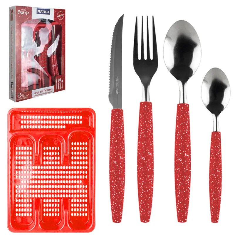 CONJUNTO DE TALHERES / FAQUEIRO INOX COM 24 PECAS CABO PLASTICO + PORTA TALHER CAPRESE VERMELHO GRANITO