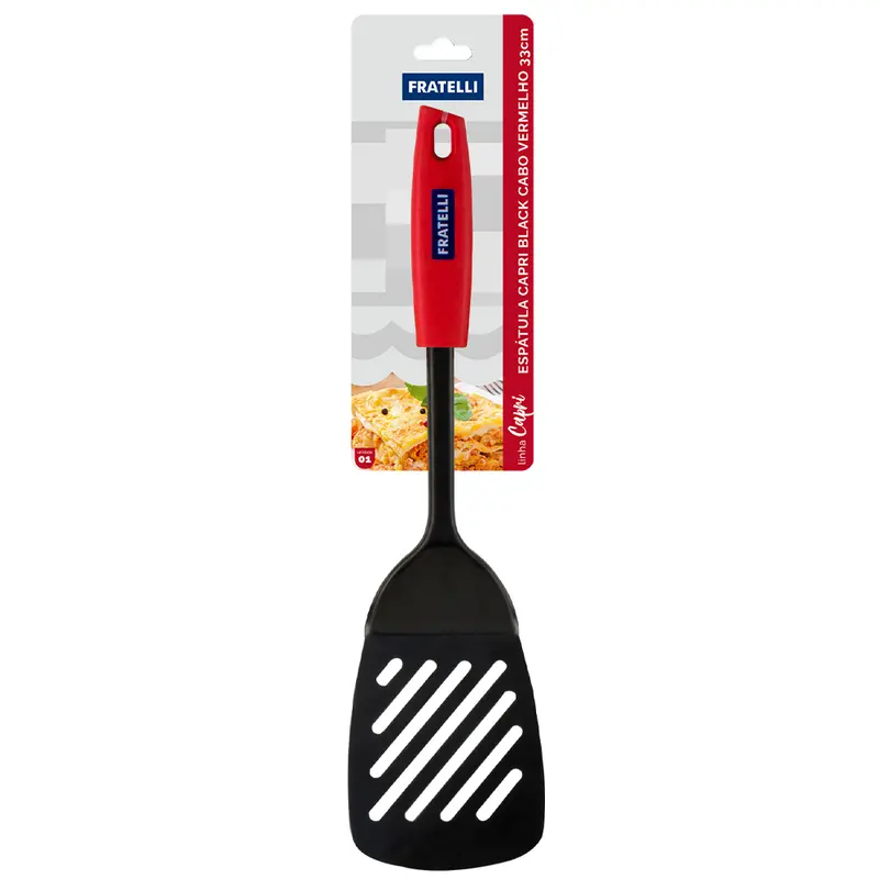ESPATULA VAZADA CAPRI BLACK INOX CABO PLASTICO VERMELHO 33CM