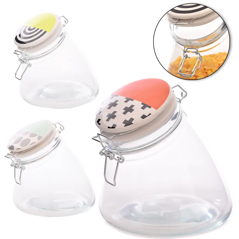 POTE DE VIDRO REDONDO COM TAMPA HERMETICA PORCELANA E FECHO 1300ML