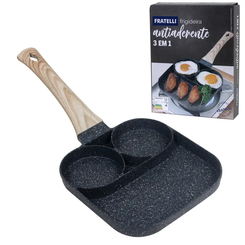 FRIGIDEIRA REVESTIDA CERAMICA ANTIADERENTE 3 EM 1 COM 3 DIVISORIAS CABO EMBORRACHADO TIPO MADEIRA 300ML 34X17CM
