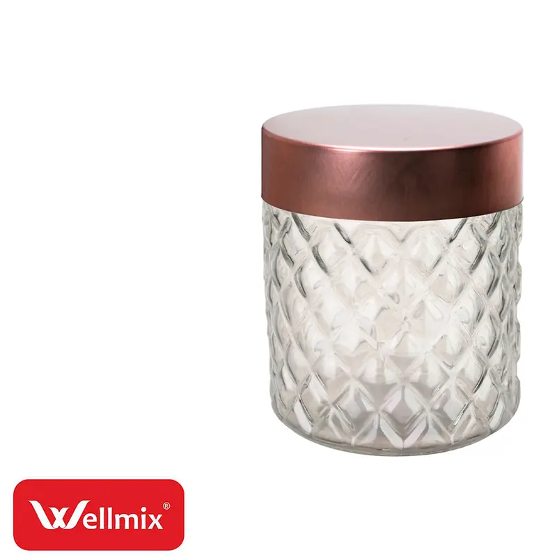 POTE DE VIDRO REDONDO LOSANGO COM TAMPA DE METAL ROSE GOLD DIAMOND 800ML