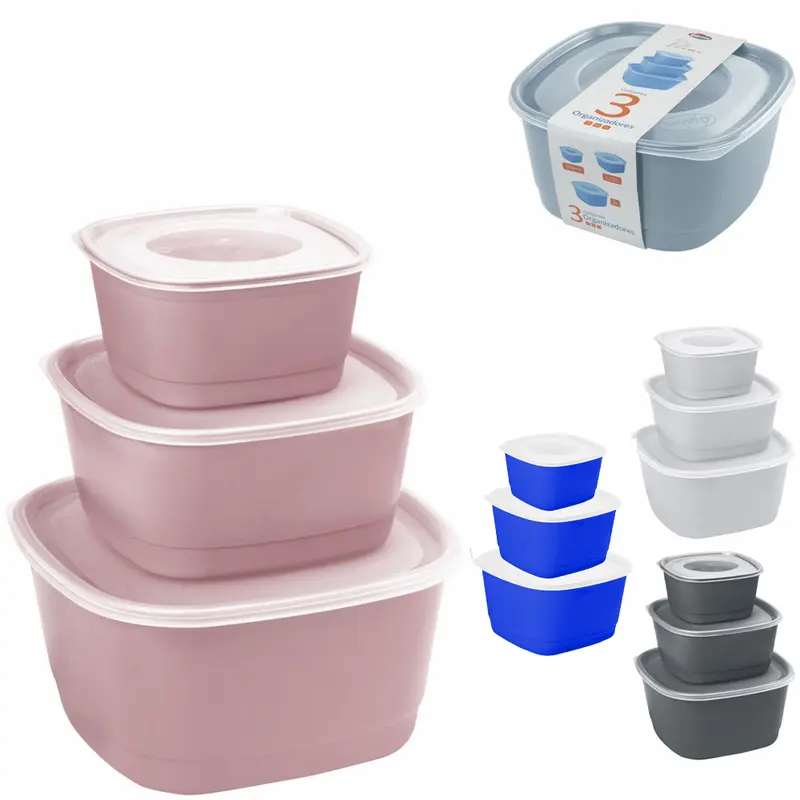 CONJUNTO DE ORGANIZADOR DE PLASTICO QUADRADO PMG COM TAMPA 3 PECAS 2000 / 1020 / 500ML