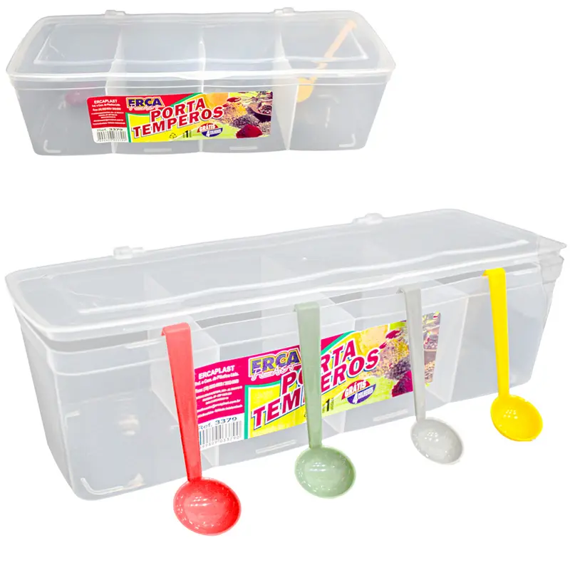 PORTA CONDIMENTO DE PLASTICO COM 4 DIVISORIAS + 4 COLHERES