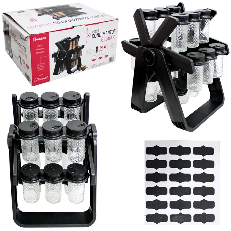 PORTA CONDIMENTO DE VIDRO / PLASTICO COM 18 PECAS 85ML + SUPORTE GIRATORIO DIAMOND BLACK