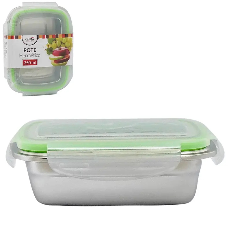 POTE RETANGULAR DE INOX COM TAMPA HERMETICA E TRAVA 350ML