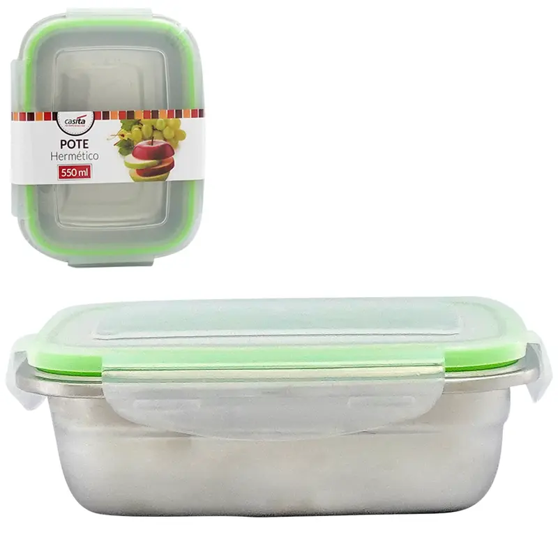 POTE RETANGULAR DE INOX COM TAMPA HERMETICA E TRAVA 550ML