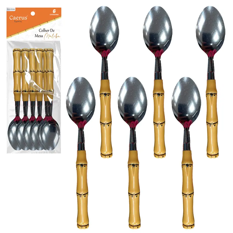 COLHER DE MESA INOX CABO PLASTICO BAMBU MALIBU COM 6 PECAS 18CM