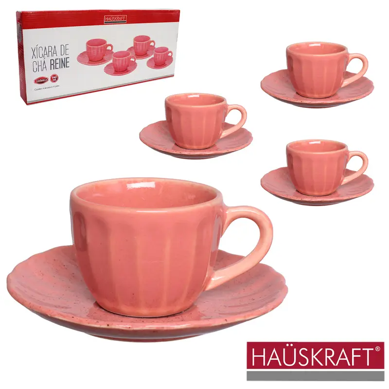 JOGO DE XICARA DE PORCELANA COM PIRES PARA CHA REINE ROSA HAUSKRAFT 8 PECAS 160ML