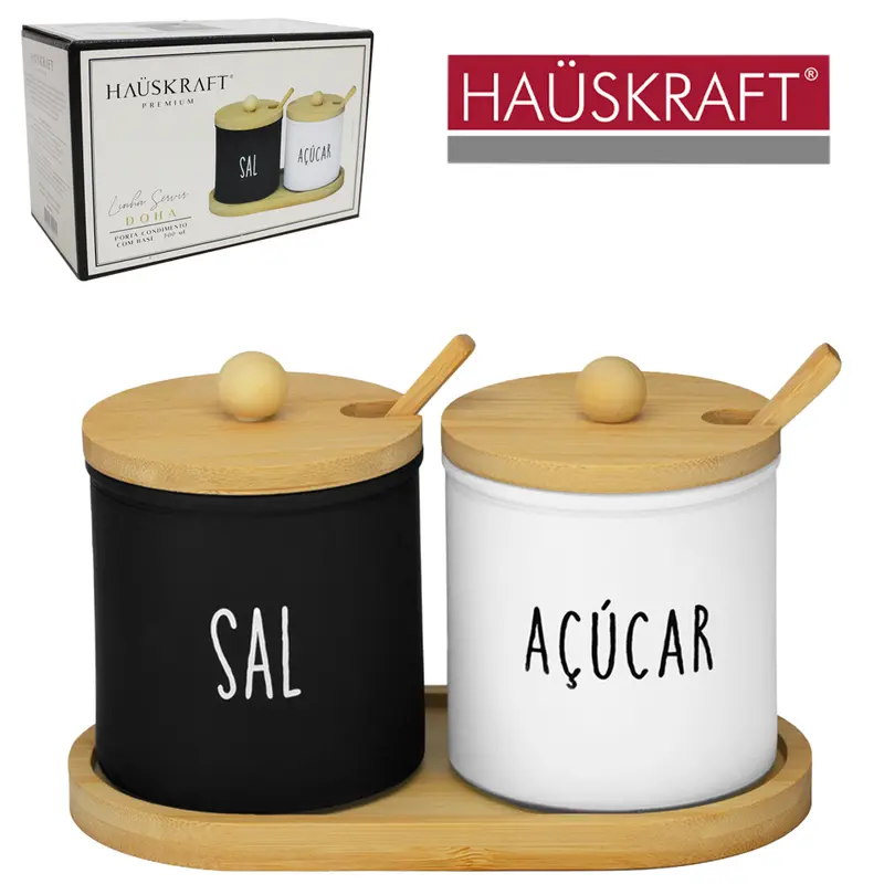 SALEIRO COM ACUCAREIRO DE VIDRO COM 2 PECAS COM COLHER + TAMPA E SUPORTE BAMBU LINHA SERVIR DOHA HAUSKRAFT PREMIUM